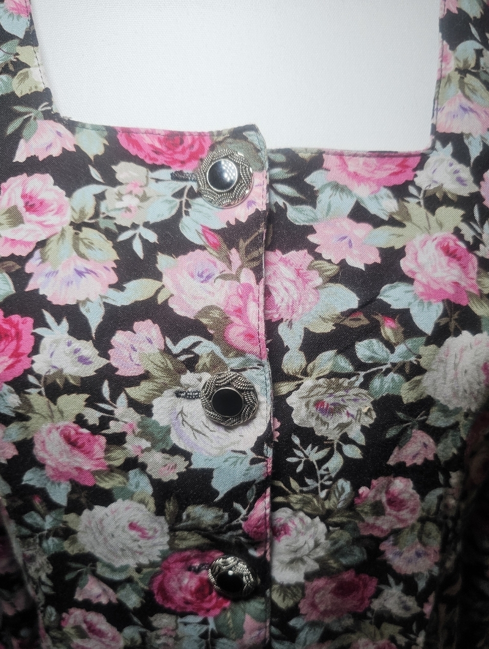 Vintage 90s D.B.Y Floral Midi Dress Black Pink Roses Square Neck Cottagecore Rom - Picture 7 of 10